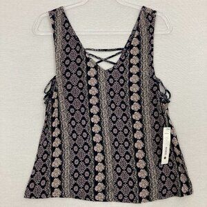 New Aqua Navy Tan Boho Print V Neck Lace Up Sleeveless Casual Top Medium